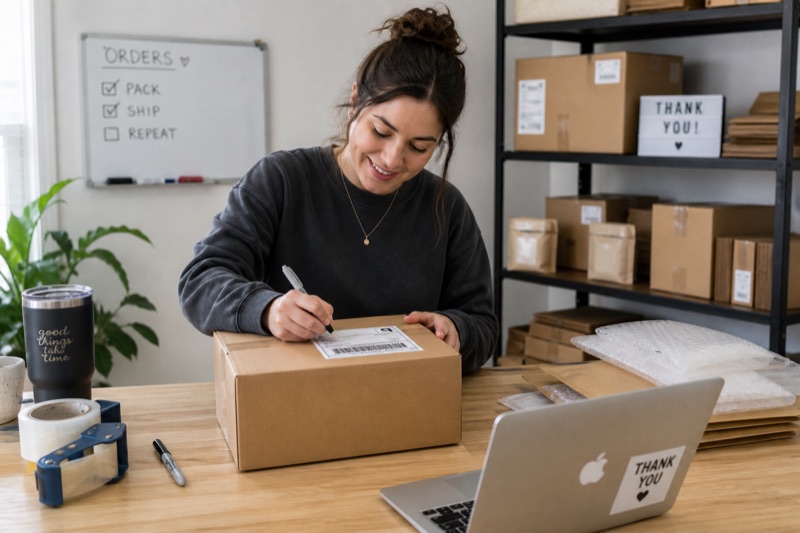 Seller packing shipping boxes for faster dispatch