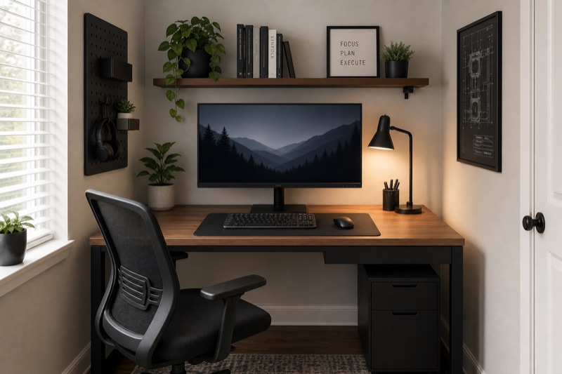 Compact home office desk with laptop, monitor, and plants